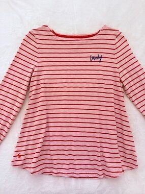 Joules “Lovely” Light Long Sleeve Tee - Heather Pink and Red Stripe - size 8 (US